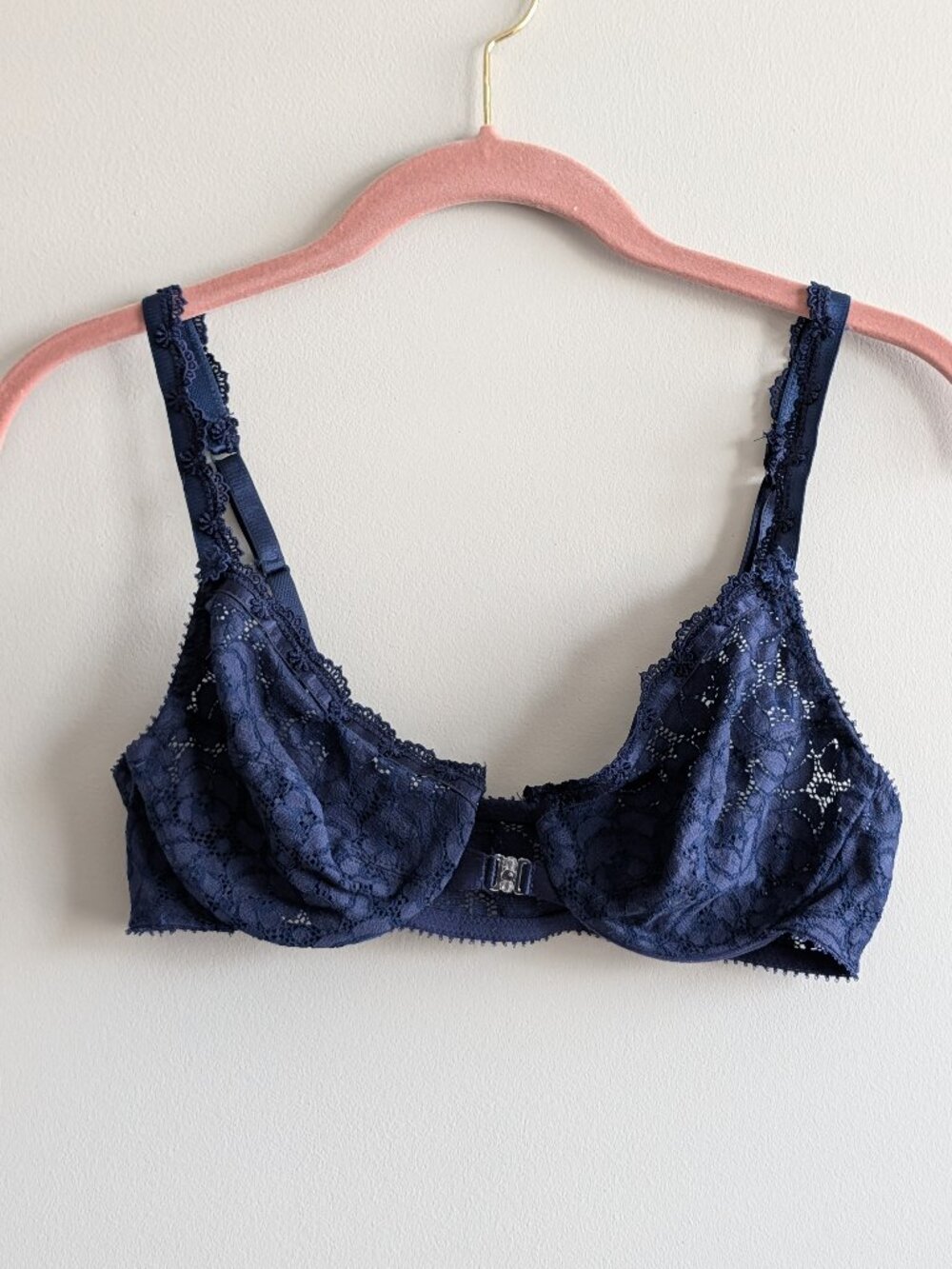 Vtg Eileen West Front Clasp All Over Lace Bra Navy Blue Size 36B Style 75-100
